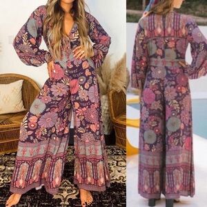 Nine Lives Bazaar Florence Jumpsuit - Indigo Child Boho Bohemian Coastal Print